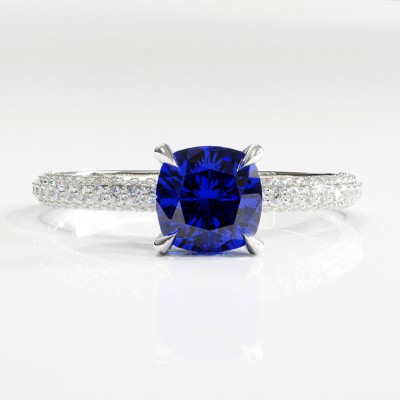 Cushion Cut Lab Grown Sapphire Hidden Halo Pave Engagement Ring 