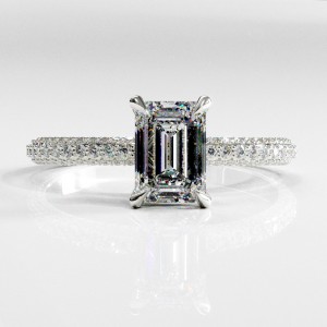 Emerald Cut Moissanite Hidden Halo Pave Engagement Ring 