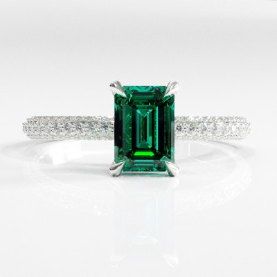 Emerald Cut Lab Grown Emerald Hidden Halo Pave Engagement Ring 