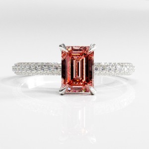 Emerald Cut Lab Grown Morganite Hidden Halo Pave Engagement Ring 