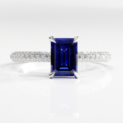 Emerald Cut Lab Grown Sapphire Hidden Halo Pave Engagement Ring 