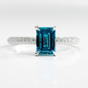 Emerald Cut Natural Topaz Hidden Halo Pave Engagement Ring 