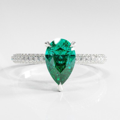 Pear Cut Lab Grown Emerald Hidden Halo Pave Engagement Ring 