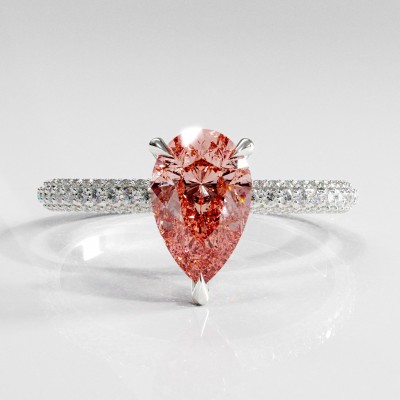 Pear Cut Lab Grown Morganite Hidden Halo Pave Engagement Ring 