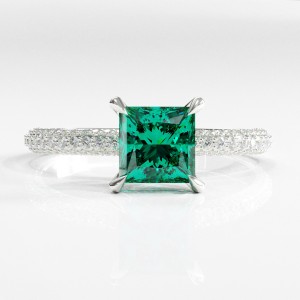 Princess Cut Lab Grown Emerald Hidden Halo Pave Engagement Ring 