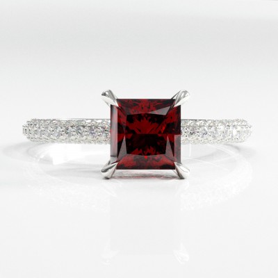 Princess Cut Lab Grown Ruby Hidden Halo Pave Engagement Ring 