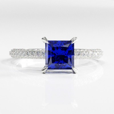 Princess Cut Lab Grown Sapphire Hidden Halo Pave Engagement Ring 