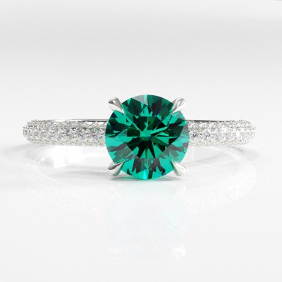 Round Cut Lab Grown Emerald Hidden Halo Pave Engagement Ring 