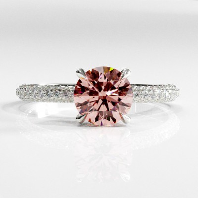 Round Cut Lab Grown Morganite Hidden Halo Pave Engagement Ring 