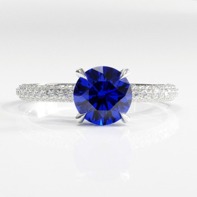 Round Cut Lab Grown Sapphire Hidden Halo Pave Engagement Ring 