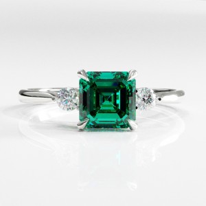 Asscher Cut Lab Grown Emerald Three Stone Engagement Ring