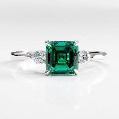 Asscher Cut Lab Grown Emerald Three Stone Engagement Ring