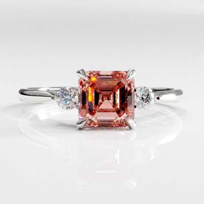 Asscher Cut Lab Grown Morganite Three Stone Engagement Ring