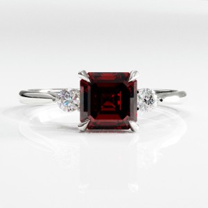 Asscher Cut Lab Grown Ruby Three Stone Engagement Ring