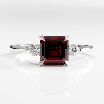 Asscher Cut Lab Grown Ruby Three Stone Engagement Ring