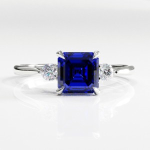 Asscher Cut Lab Grown Sapphire Three Stone Engagement Ring