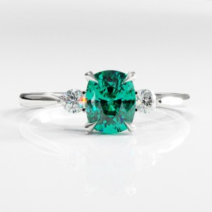 Elongated Cushion Cut Lab Grown Emerald Three Stone Engagement Ring