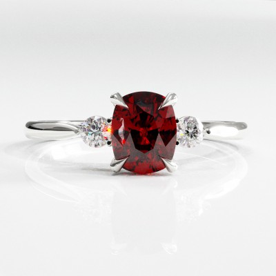 Elongated Cushion Cut Lab Grown Ruby Three Stone Engagement Ring