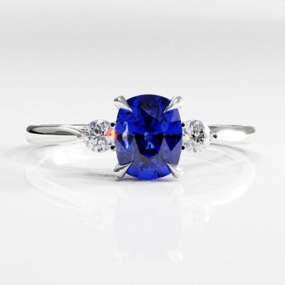 Elongated Cushion Cut Lab Grown Sapphire Three Stone Engagement Ring