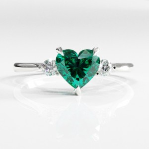 Heart Cut Lab Grown Emerald Three Stone Engagement Ring