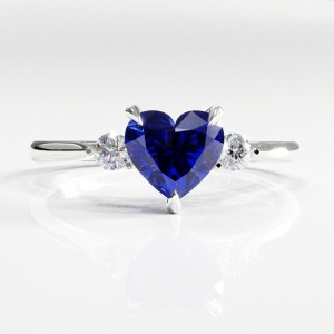 Heart Cut Lab Grown Sapphire Three Stone Engagement Ring