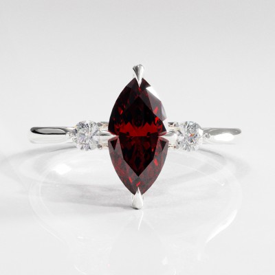 Marquise Cut Lab Grown Ruby Three Stone Engagement Ring