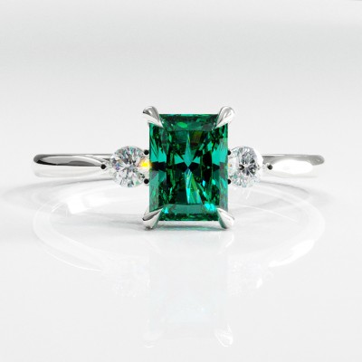 Radiant Cut Lab Grown Emerald Three Stone Engagement Ring