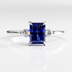 Radiant Cut Lab Grown Sapphire Three Stone Engagement Ring