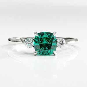 Cushion Cut Lab Grown Emerald Three Stone Engagement Ring