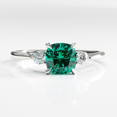 Cushion Cut Lab Grown Emerald Three Stone Engagement Ring