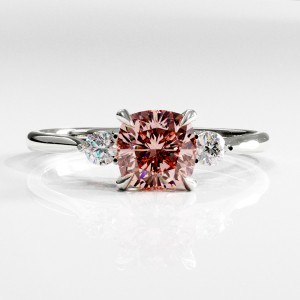 Cushion Cut Lab Grown Morganite Three Stone Engagement Ring