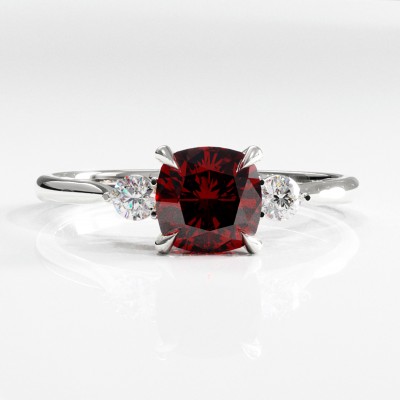 Cushion Cut Lab Grown Ruby Three Stone Engagement Ring