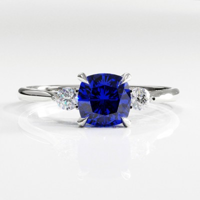 Cushion Cut Lab Grown Sapphire Three Stone Engagement Ring