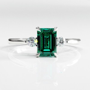 Emerald Cut Lab Grown Emerald Three Stone Engagement Ring