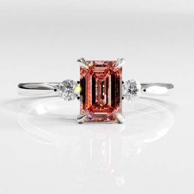 Emerald Cut Lab Grown Morganite Three Stone Engagement Ring