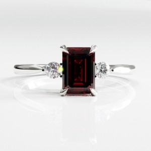 Emerald Cut Lab Grown Ruby Three Stone Engagement Ring