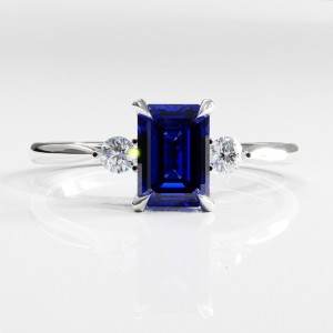 Emerald Cut Lab Grown Sapphire Three Stone Engagement Ring