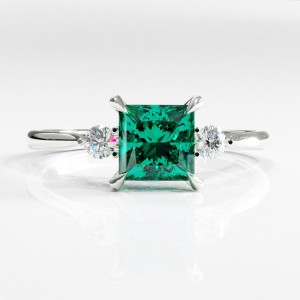 Princess Cut Lab Grown Emerald Three Stone Engagement Ring