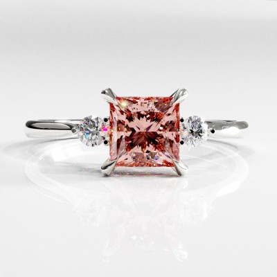 Princess Cut Lab Grown Morganite Three Stone Engagement Ring