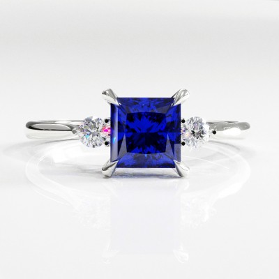 Princess Cut Lab Grown Sapphire Three Stone Engagement Ring