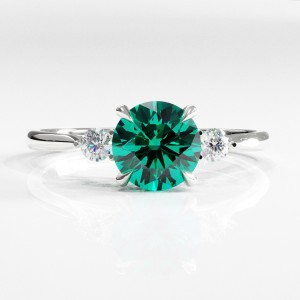 Round Cut Lab Grown Emerald Three Stone Engagement Ring