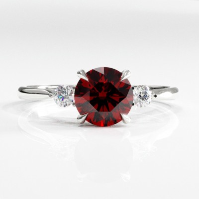 Round Cut Lab Grown Ruby Three Stone Engagement Ring