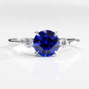 Round Cut Lab Grown Sapphire Three Stone Engagement Ring