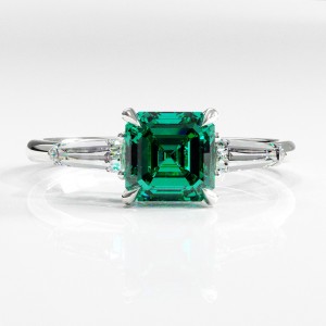 Asscher Cut Lab Grown Emerald Three Stone Engagement Ring