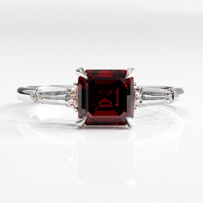 Asscher Cut Lab Grown Ruby Three Stone Engagement Ring