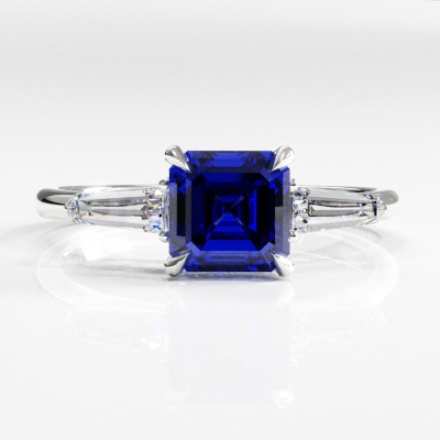 Asscher Cut Lab Grown Sapphire Three Stone Engagement Ring