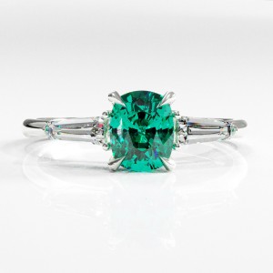 Elongated Cushion Cut Lab Grown Emerald Three Stone Engagement Ring