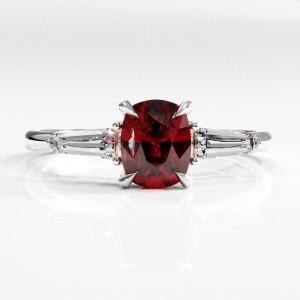 Elongated Cushion Cut Lab Grown Ruby Three Stone Engagement Ring