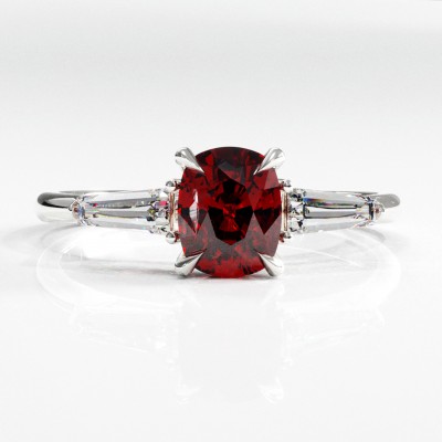 Elongated Cushion Cut Lab Grown Ruby Three Stone Engagement Ring