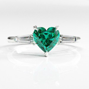 Heart Cut Lab Grown Emerald Three Stone Engagement Ring